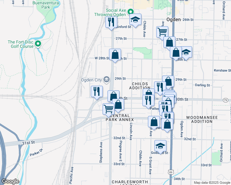 map of restaurants, bars, coffee shops, grocery stores, and more near 2963 Pingree Avenue East in Ogden