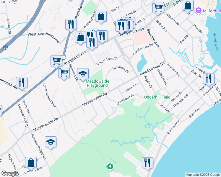 map of restaurants, bars, coffee shops, grocery stores, and more near 185 Meadowside Road in Milford