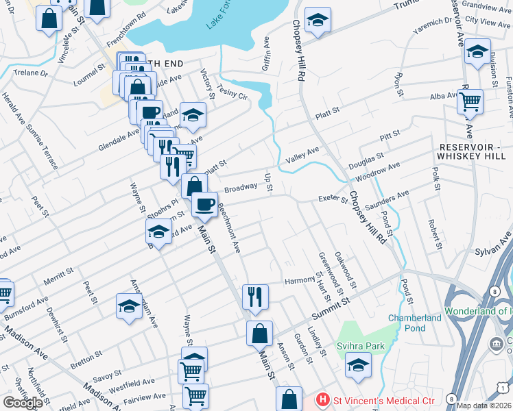 map of restaurants, bars, coffee shops, grocery stores, and more near 401 Exeter Street in Bridgeport