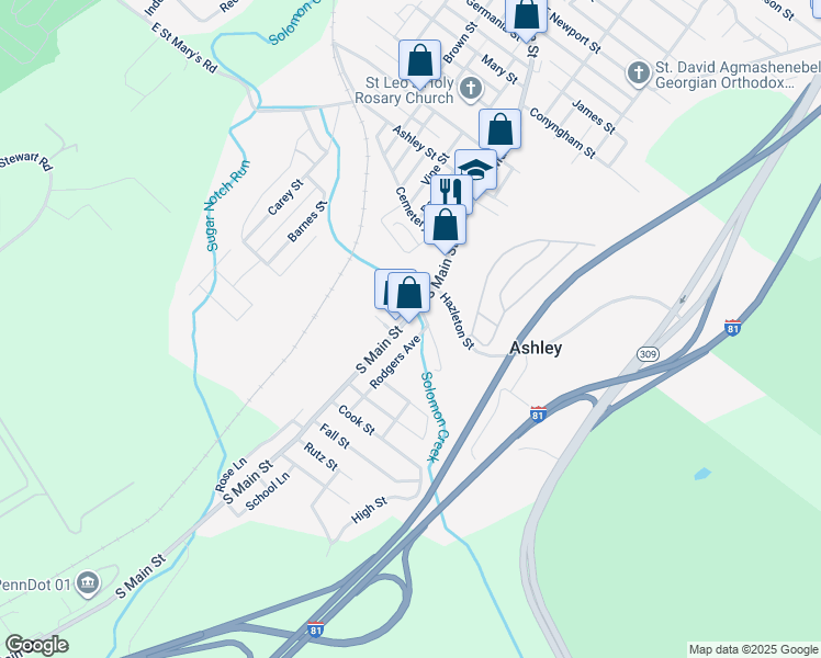 map of restaurants, bars, coffee shops, grocery stores, and more near 34-36 North Main Street in Ashley