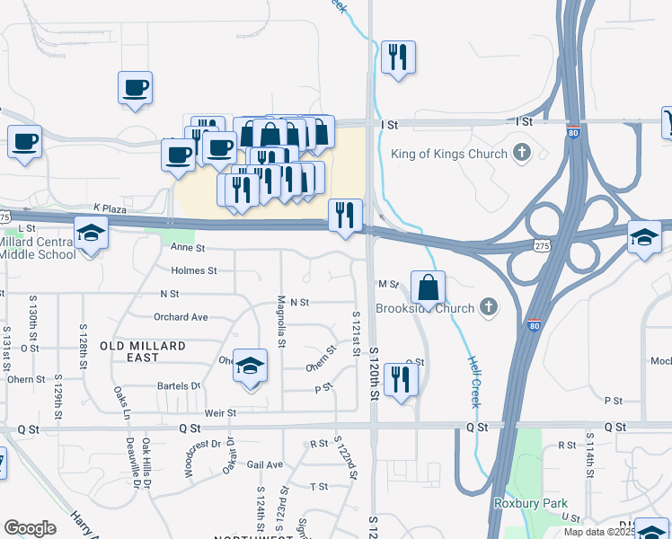map of restaurants, bars, coffee shops, grocery stores, and more near 12108 Lisa Circle in Omaha