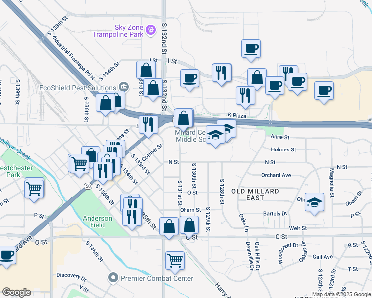 map of restaurants, bars, coffee shops, grocery stores, and more near 4815 South 131st Street in Omaha
