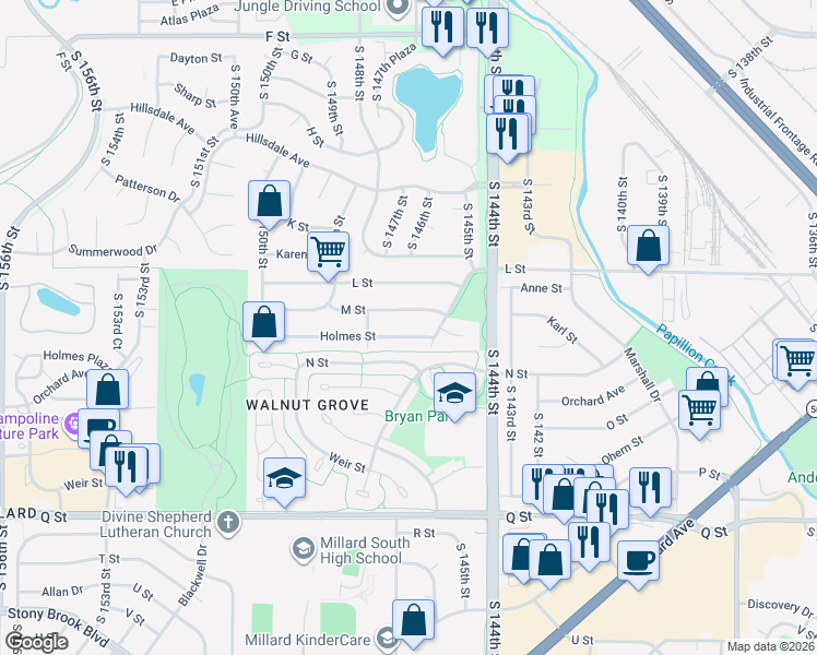 map of restaurants, bars, coffee shops, grocery stores, and more near 14630 Holmes Street in Omaha