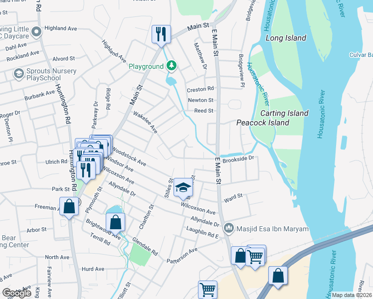map of restaurants, bars, coffee shops, grocery stores, and more near 85 Greenlawn Avenue in Stratford