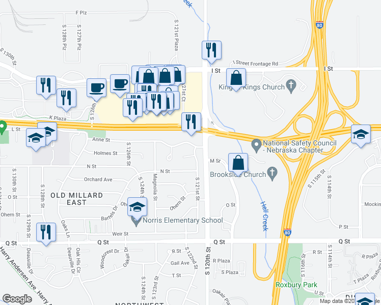 map of restaurants, bars, coffee shops, grocery stores, and more near 12108 Lisa Circle in Omaha