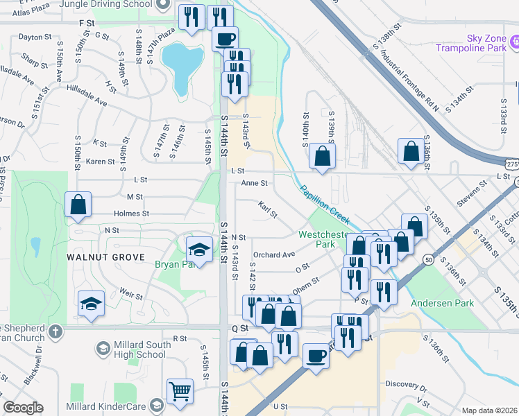 map of restaurants, bars, coffee shops, grocery stores, and more near 14173 Karl Street in Omaha