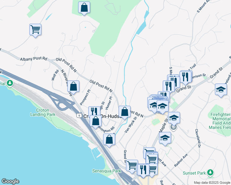map of restaurants, bars, coffee shops, grocery stores, and more near 2 Lounsbury Road in Croton-on-Hudson