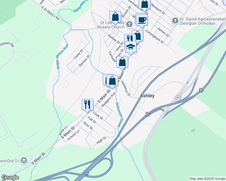 map of restaurants, bars, coffee shops, grocery stores, and more near 34-36 North Main Street in Ashley