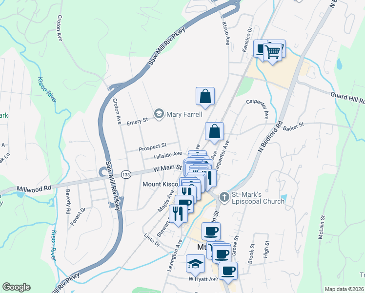 map of restaurants, bars, coffee shops, grocery stores, and more near 9 Mountain Avenue in Mount Kisco