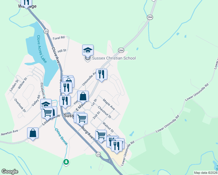 map of restaurants, bars, coffee shops, grocery stores, and more near 1-9 Wilson Road in Sussex