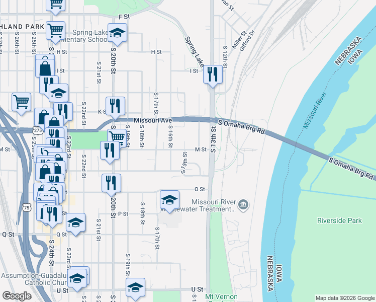 map of restaurants, bars, coffee shops, grocery stores, and more near 4803 South 15th Street in Omaha