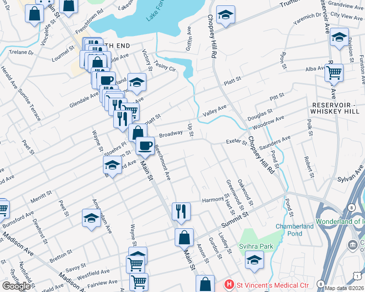 map of restaurants, bars, coffee shops, grocery stores, and more near 401 Exeter Street in Bridgeport