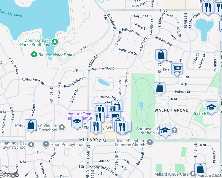 map of restaurants, bars, coffee shops, grocery stores, and more near 15410 Stevens Plaza in Omaha