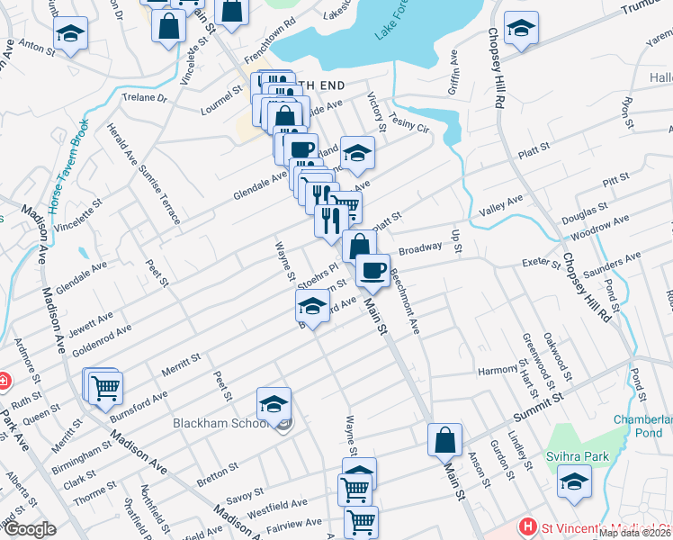 map of restaurants, bars, coffee shops, grocery stores, and more near 25 Stoehrs Place in Bridgeport