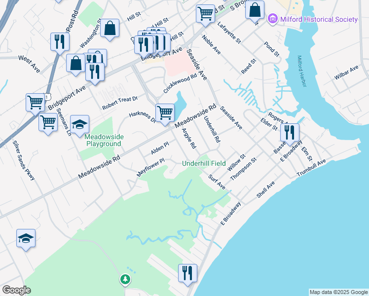 map of restaurants, bars, coffee shops, grocery stores, and more near 188 Robert Treat Parkway in Milford