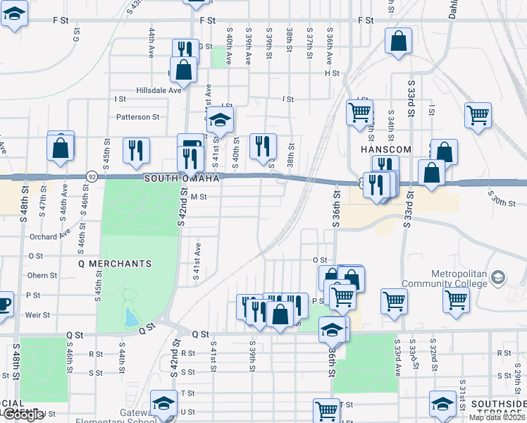 map of restaurants, bars, coffee shops, grocery stores, and more near 4817 South 39th Street in Omaha