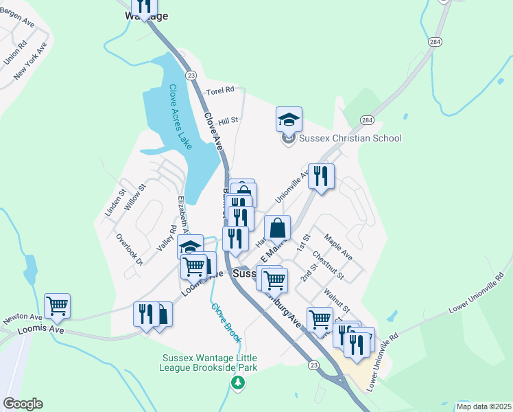 map of restaurants, bars, coffee shops, grocery stores, and more near 19 Church Street in Sussex
