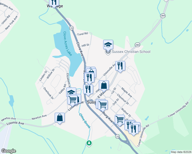 map of restaurants, bars, coffee shops, grocery stores, and more near 19 Church Street in Sussex