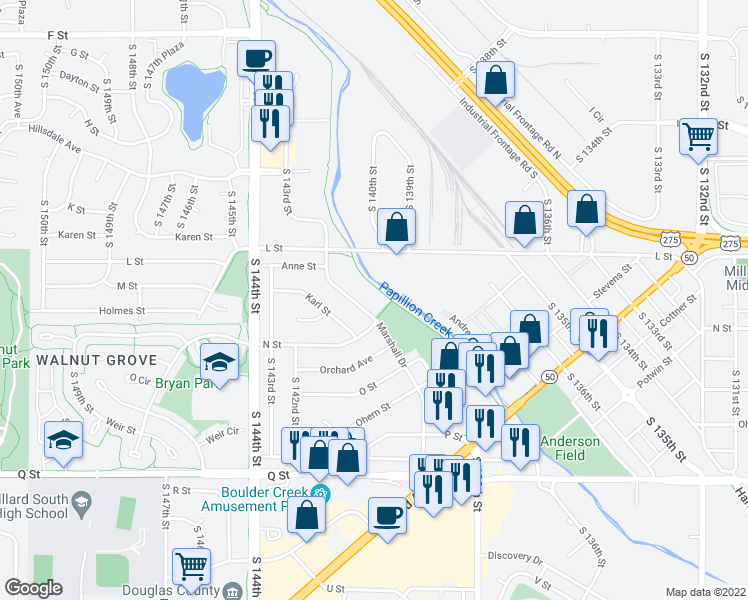 map of restaurants, bars, coffee shops, grocery stores, and more near 4865 Marshall Drive in Omaha