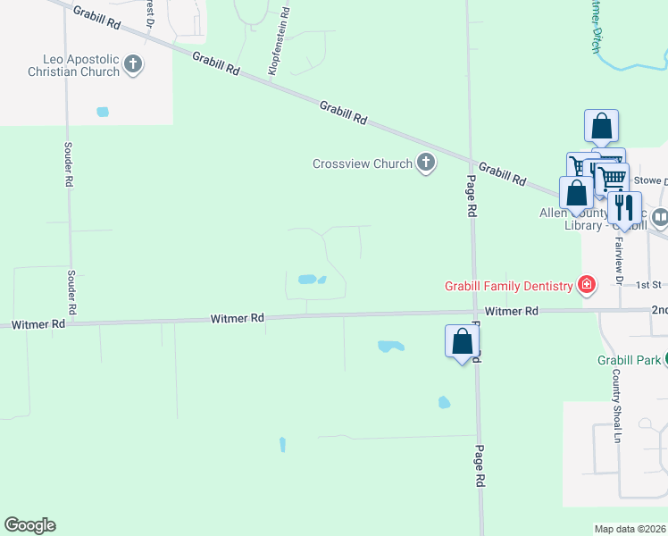 map of restaurants, bars, coffee shops, grocery stores, and more near Saddle Creek Lane in Grabill