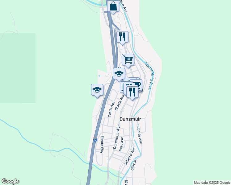 map of restaurants, bars, coffee shops, grocery stores, and more near 4400 Vista Street in Dunsmuir