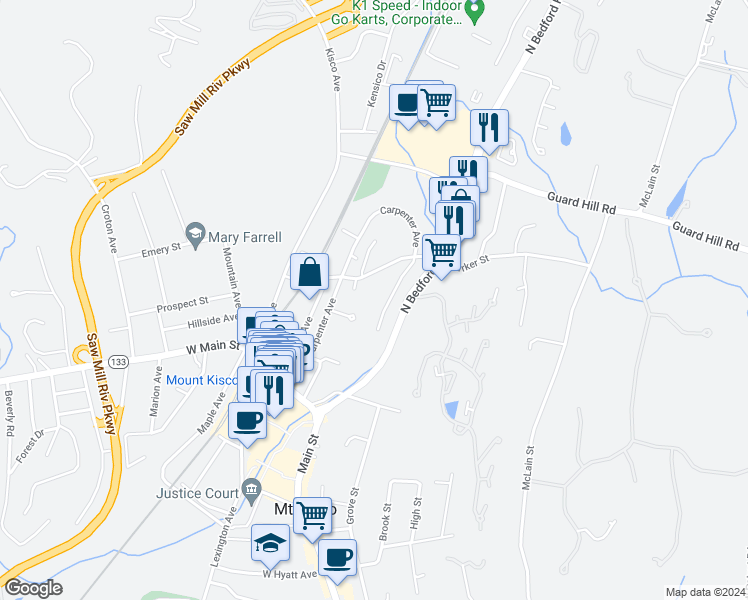 map of restaurants, bars, coffee shops, grocery stores, and more near 50 Barker Street in Mount Kisco