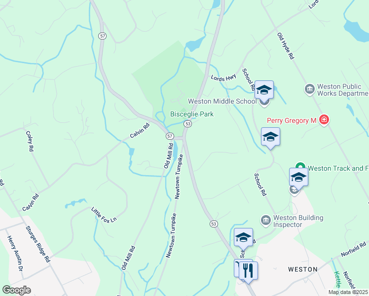 map of restaurants, bars, coffee shops, grocery stores, and more near 252 Weston Road in Weston
