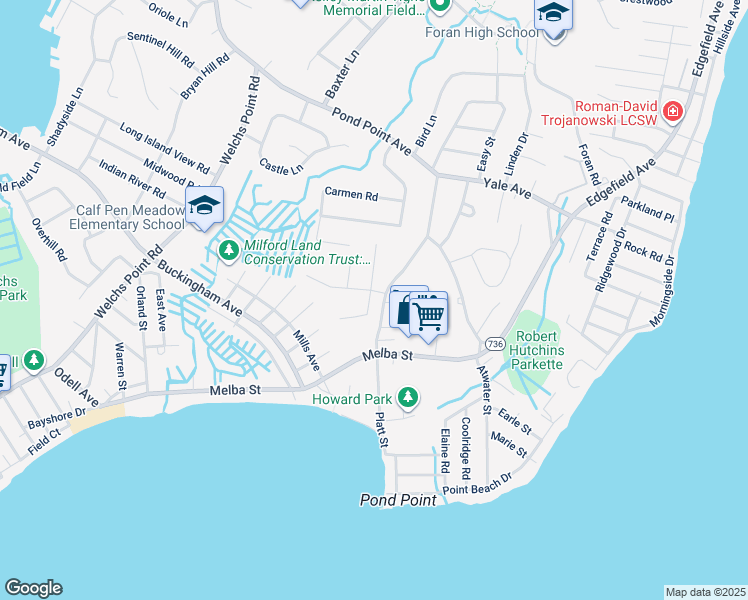 map of restaurants, bars, coffee shops, grocery stores, and more near 153 Platt Street in Milford