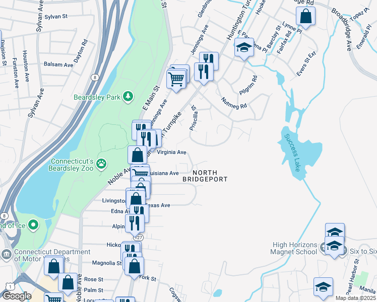 map of restaurants, bars, coffee shops, grocery stores, and more near 177 Virginia Avenue in Bridgeport