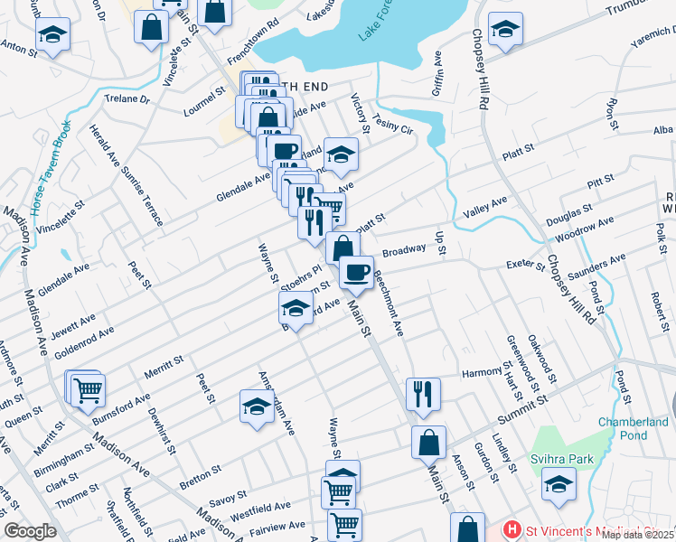 map of restaurants, bars, coffee shops, grocery stores, and more near 49 Ridgewood Place in Bridgeport