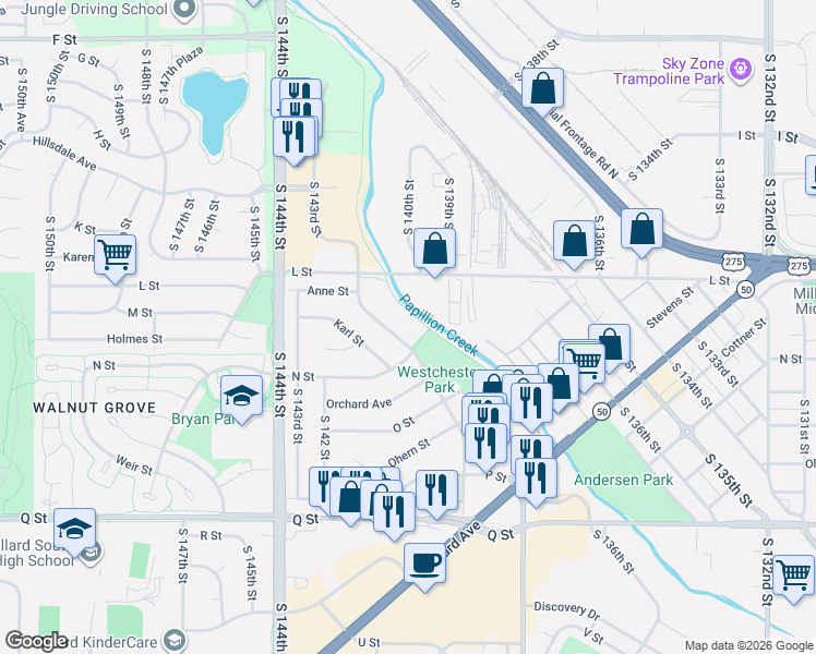 map of restaurants, bars, coffee shops, grocery stores, and more near 4865 Marshall Drive in Omaha