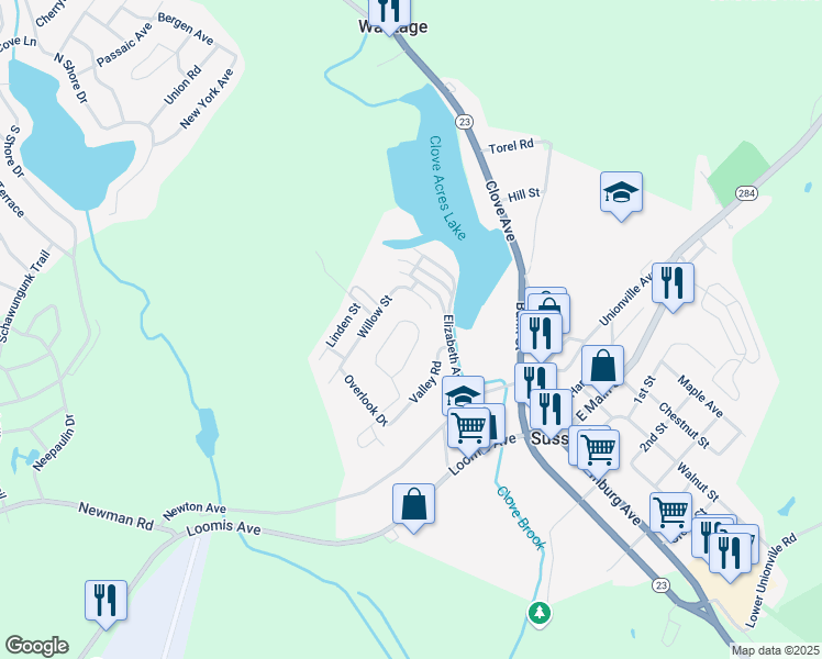 map of restaurants, bars, coffee shops, grocery stores, and more near 27 Lakeview Terrace in Sussex