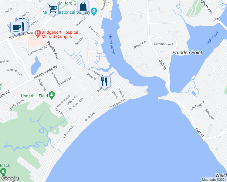 map of restaurants, bars, coffee shops, grocery stores, and more near 12 Elm Street in Milford