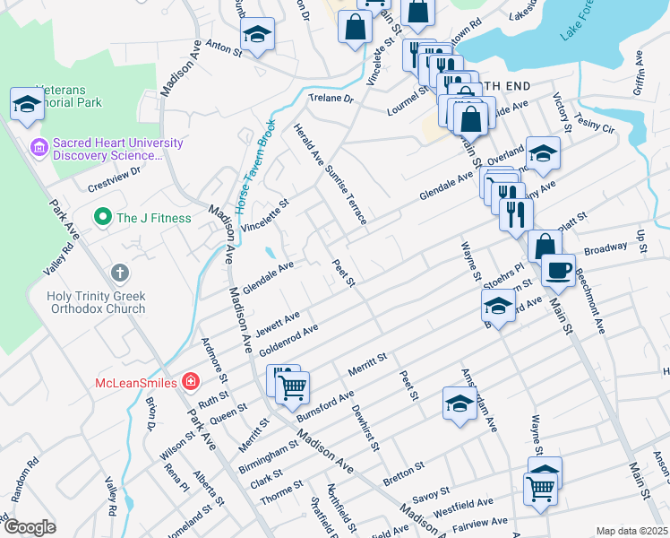map of restaurants, bars, coffee shops, grocery stores, and more near 459 Peet Street in Bridgeport