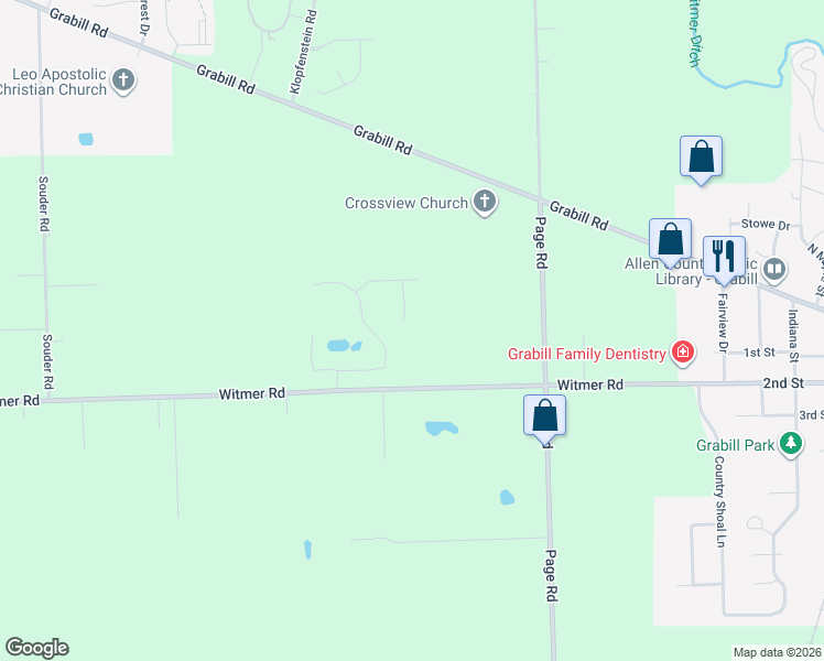 map of restaurants, bars, coffee shops, grocery stores, and more near 12235 Witmer Road in Grabill