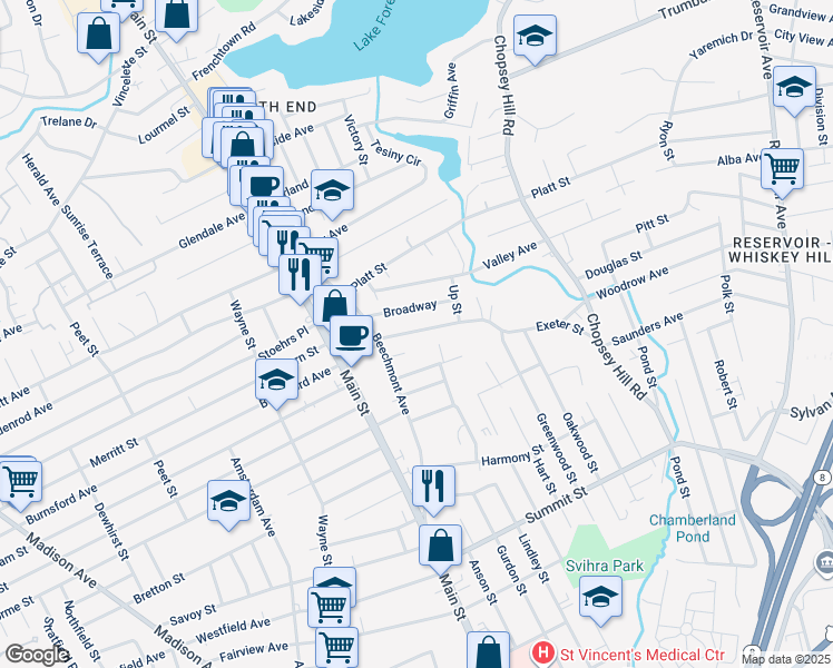 map of restaurants, bars, coffee shops, grocery stores, and more near 401 Exeter Street in Bridgeport