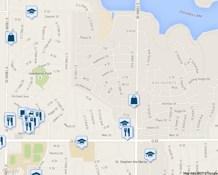 map of restaurants, bars, coffee shops, grocery stores, and more near 17030 M Street in Omaha