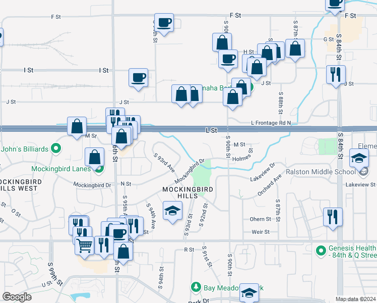 map of restaurants, bars, coffee shops, grocery stores, and more near 9222 Mockingbird Drive in Omaha