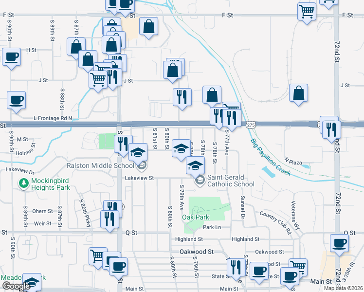 map of restaurants, bars, coffee shops, grocery stores, and more near 4741 South 79th Avenue in Ralston
