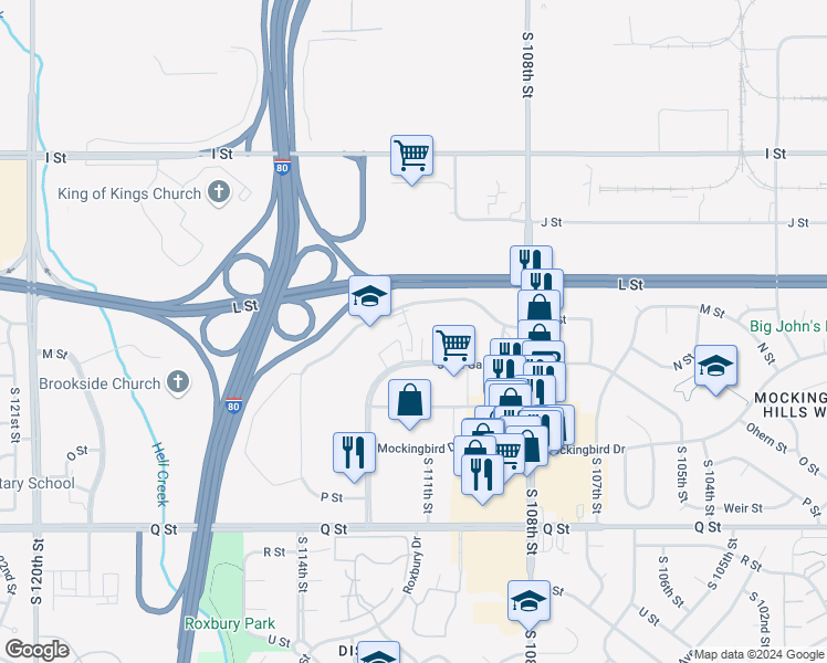 map of restaurants, bars, coffee shops, grocery stores, and more near 11025 M Street in Omaha