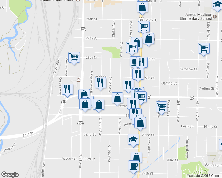 map of restaurants, bars, coffee shops, grocery stores, and more near 2958 Childs Avenue in Ogden