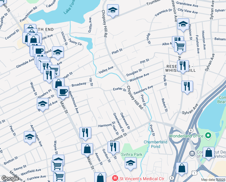 map of restaurants, bars, coffee shops, grocery stores, and more near 133 Exeter Street in Bridgeport