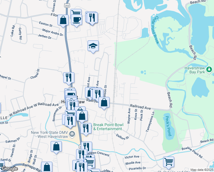 map of restaurants, bars, coffee shops, grocery stores, and more near 38 Benson Street in West Haverstraw