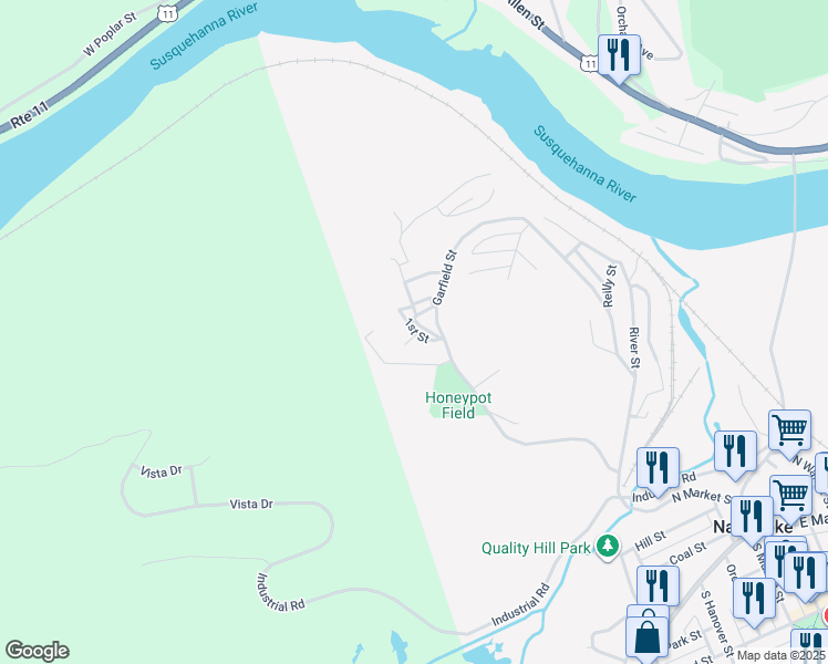 map of restaurants, bars, coffee shops, grocery stores, and more near 1st Street in Nanticoke