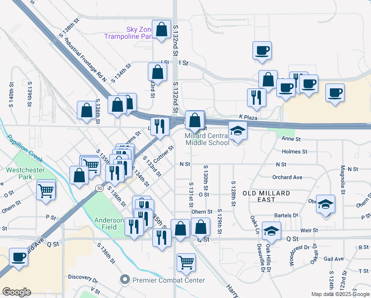 map of restaurants, bars, coffee shops, grocery stores, and more near 4848 South 131st Street in Omaha