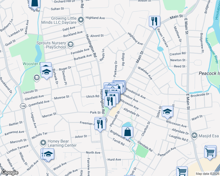 map of restaurants, bars, coffee shops, grocery stores, and more near 59 Parkway Drive in Stratford