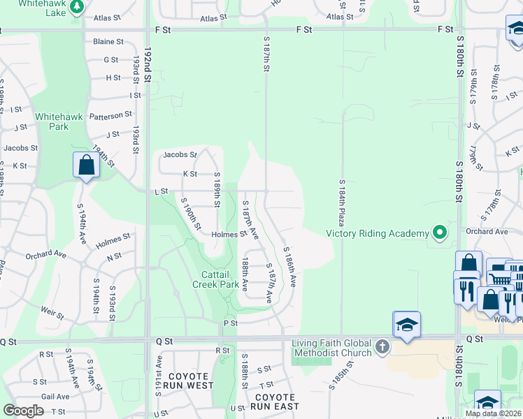 map of restaurants, bars, coffee shops, grocery stores, and more near 4728 South 186th Avenue in Omaha
