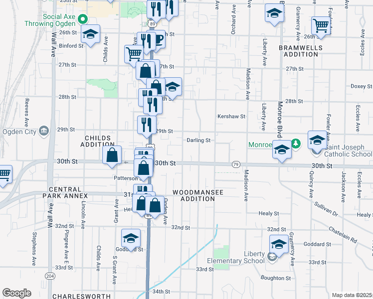 map of restaurants, bars, coffee shops, grocery stores, and more near 2954 Adams Avenue in Ogden