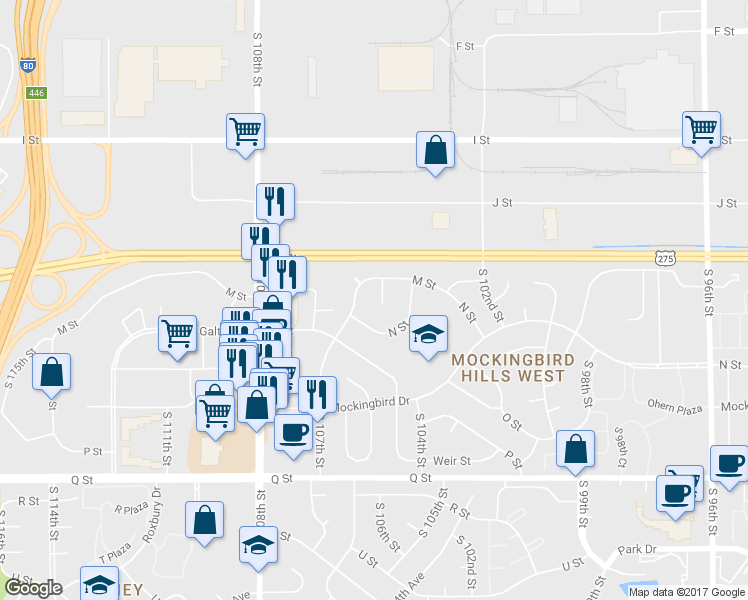 map of restaurants, bars, coffee shops, grocery stores, and more near 4818 South 106th Circle in Omaha