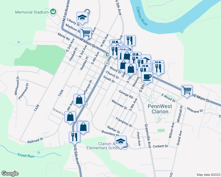 map of restaurants, bars, coffee shops, grocery stores, and more near 97 South 6th Avenue in Clarion